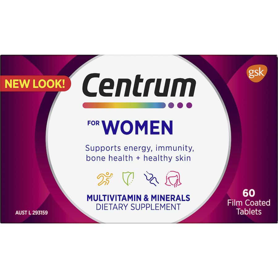 Centrum Women Daily Multivitamin: tailored supplements for women's bone health, energy, and radiant skin, hair, and nails.