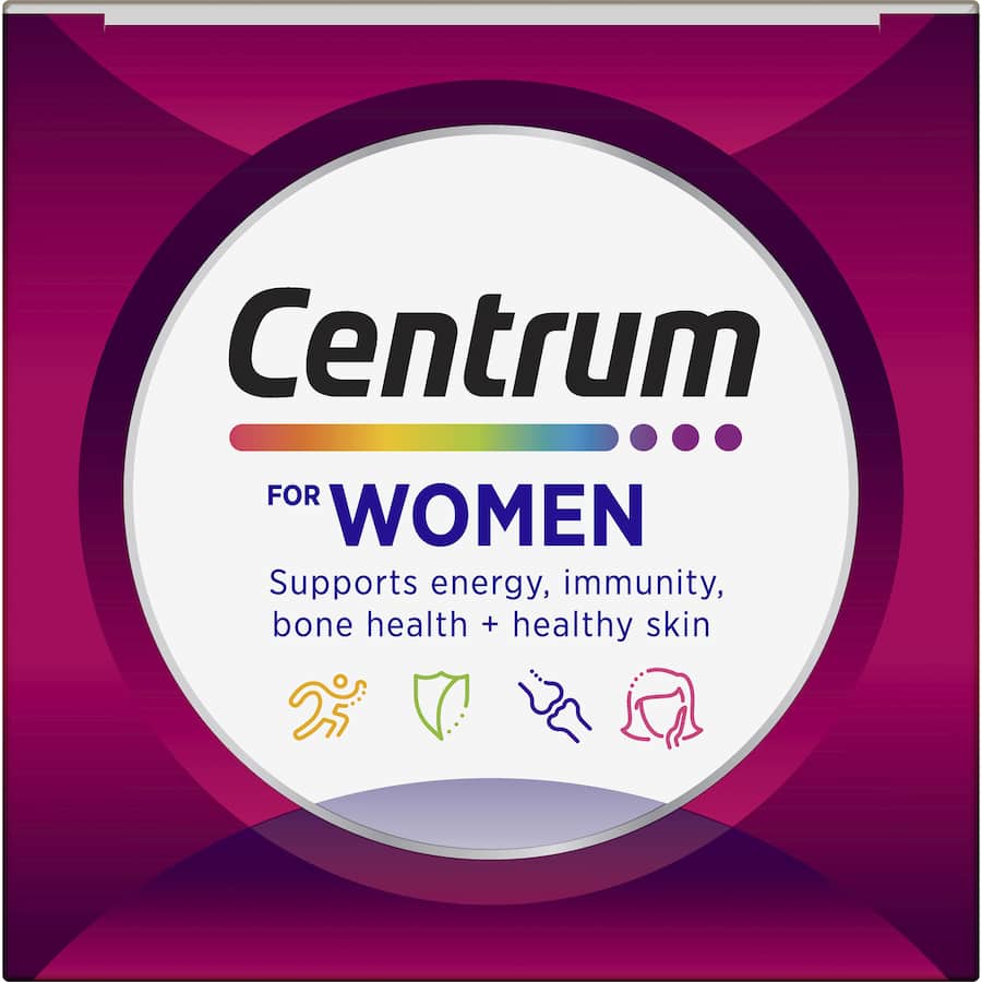 Centrum Women Daily Multivitamin: Essential vitamins for women's health, supporting bones, skin, energy, and immunity.