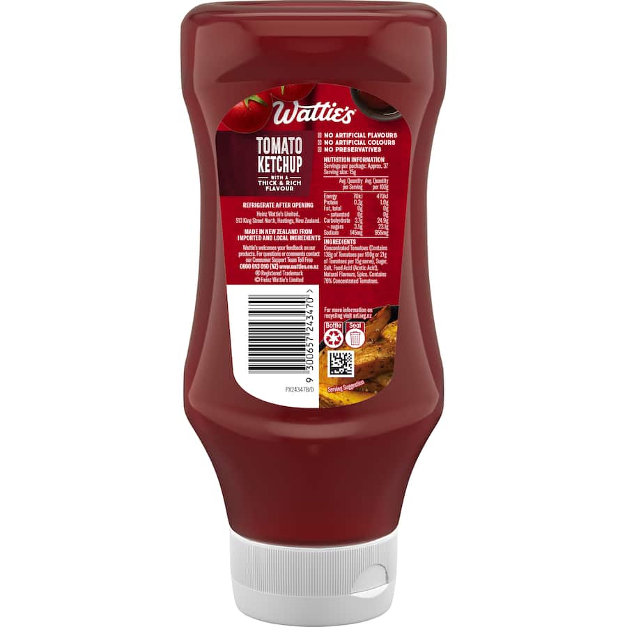 Wattie's Tomato Ketchup in an upside-down bottle, perfect for grilling, dipping, and enhancing meals with classic tomato flavor.