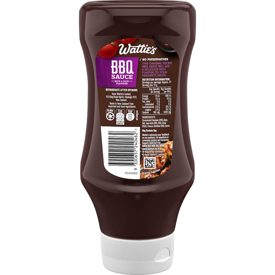 Wattie's BBQ Sauce bottle showcasing rich flavor, perfect for marinading meats and enhancing a variety of dishes.