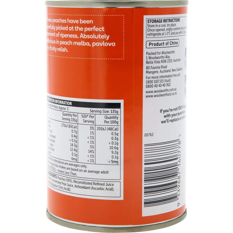 Woolworths Peaches Slices In Juice Can 410g