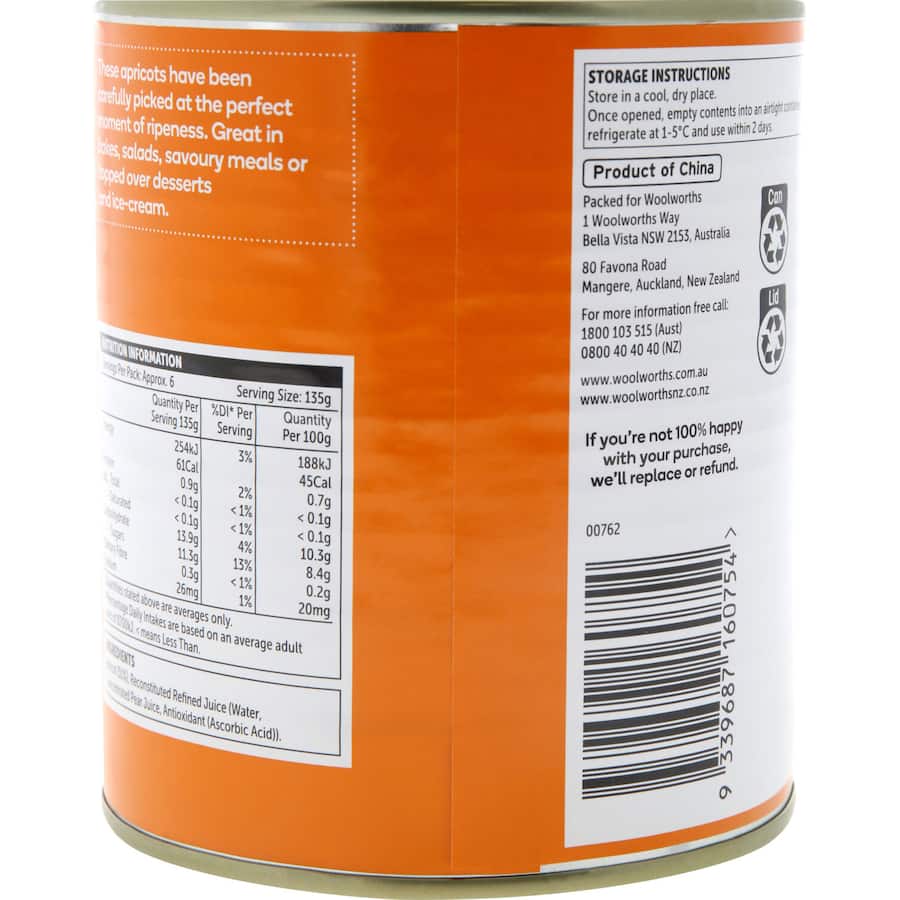 Woolworths Apricots Halves In Juice Can 820g