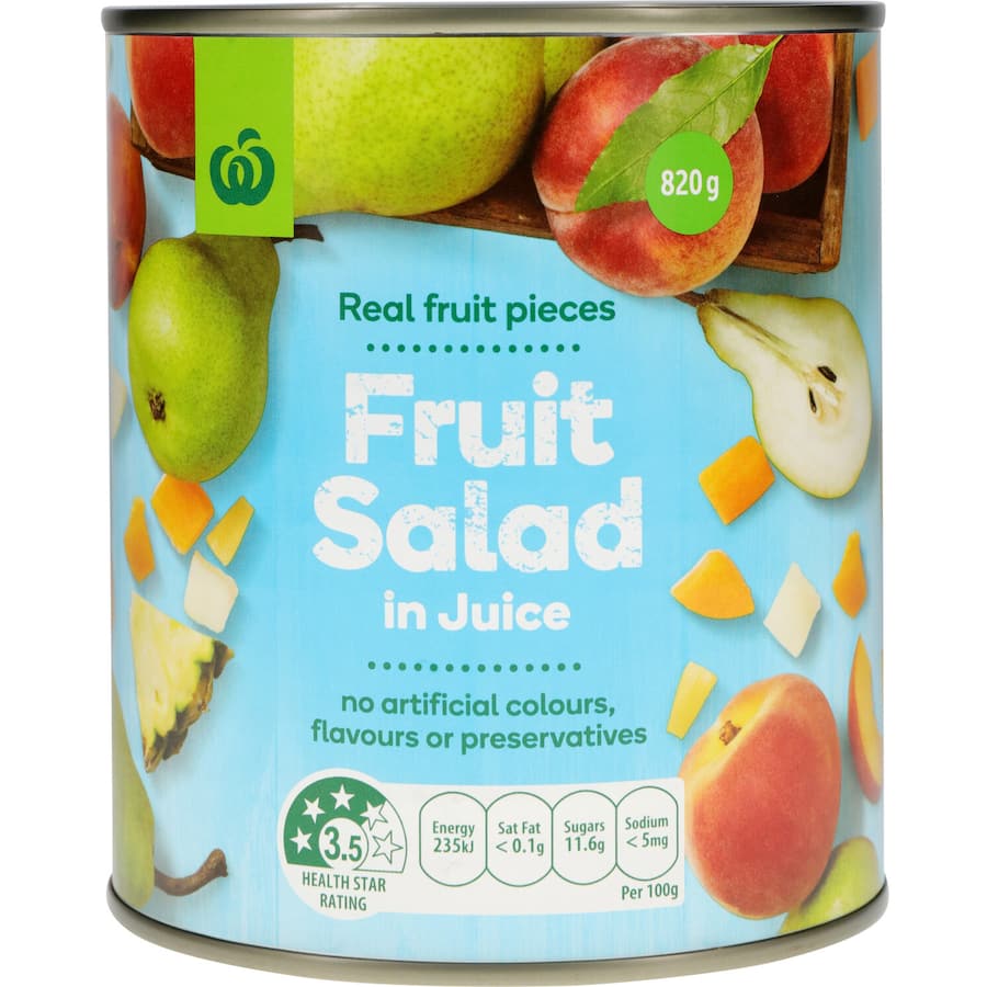 A vibrant 820g can of Woolworths Fruit Salad featuring juicy pears, peaches, and pineapple in natural fruit juice.