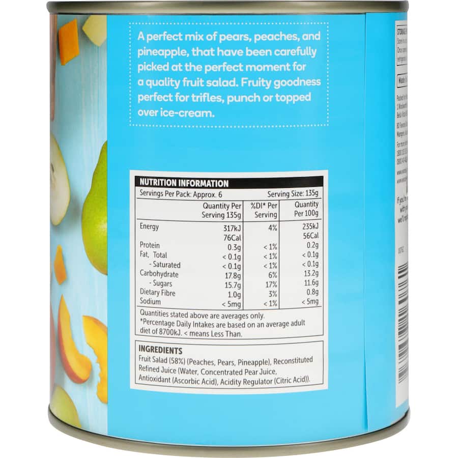 Woolworths Fruit Salad In Juice features juicy pears, peaches, and pineapple in 820g, packed in natural juice for a fresh taste.
