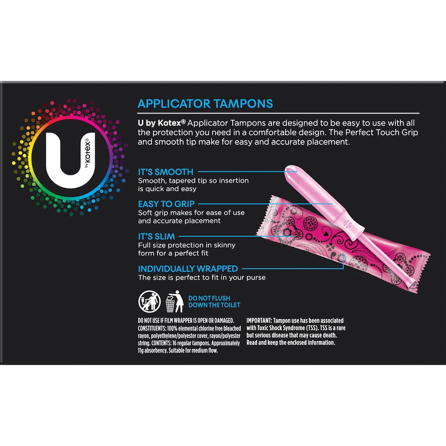 U By Kotex Regular Tampons with applicator for comfortable, discreet menstrual care and reliable light to moderate flow protection.