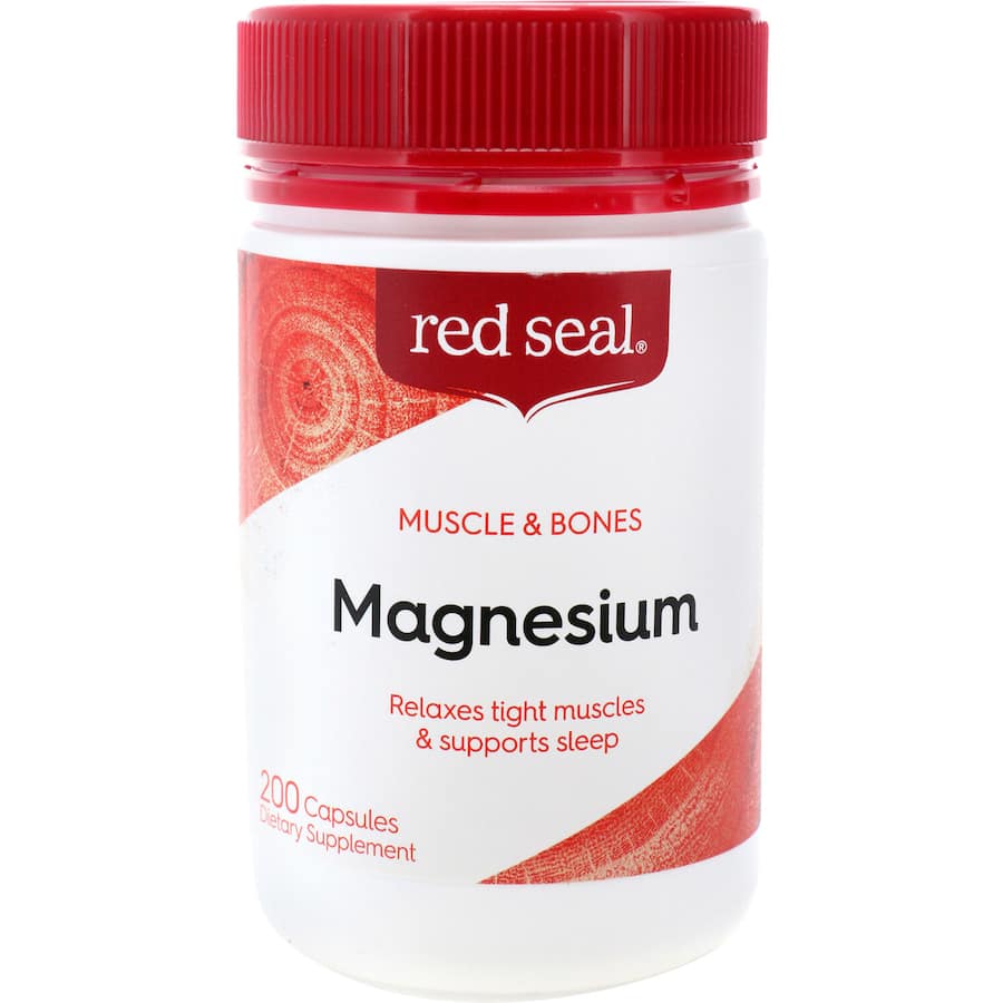 Red Seal Magnesium bottle highlighting muscle relaxation and restful sleep benefits for active lifestyles.