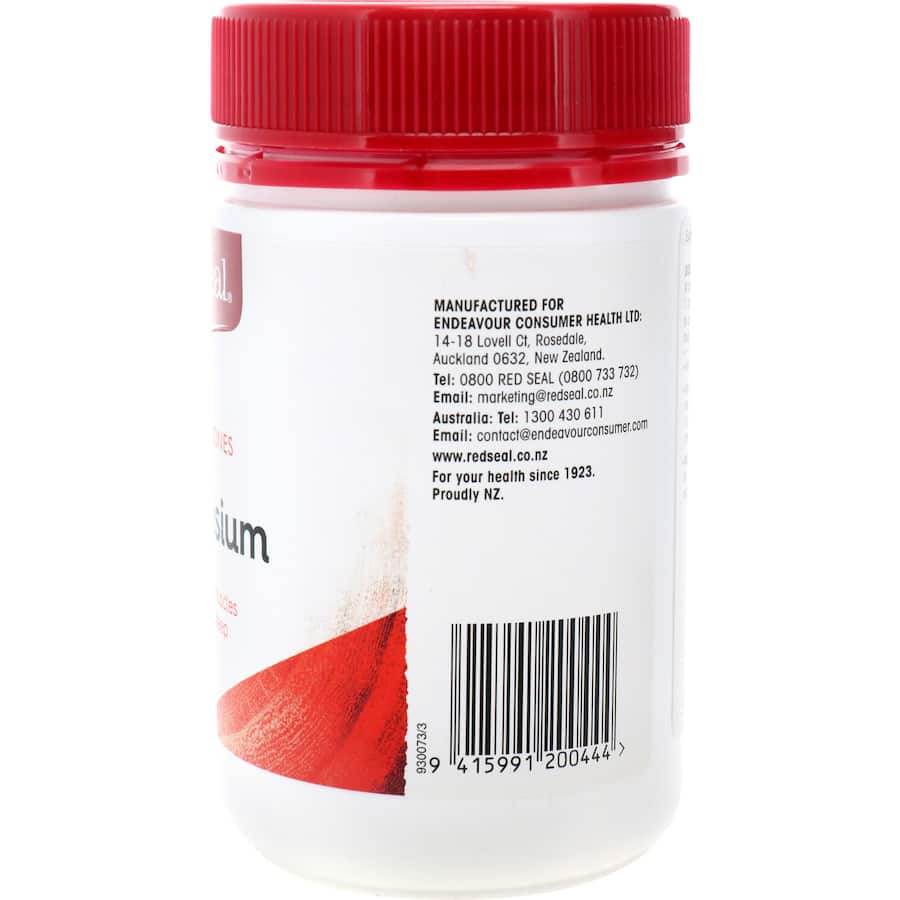 Red Seal Magnesium supplement bottle, designed to relax muscles and support restful sleep for stress relief and recovery.