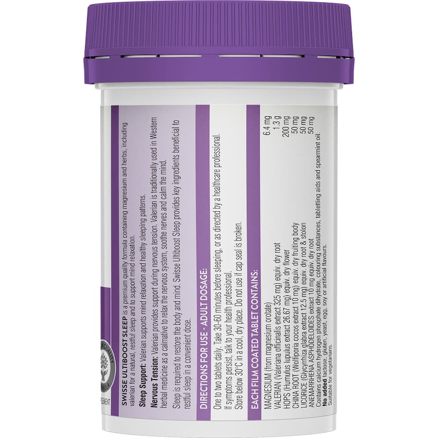 Swisse Ultiboost Sleep Assistance: A natural sleep aid combining magnesium and valerian for restful, rejuvenating sleep.