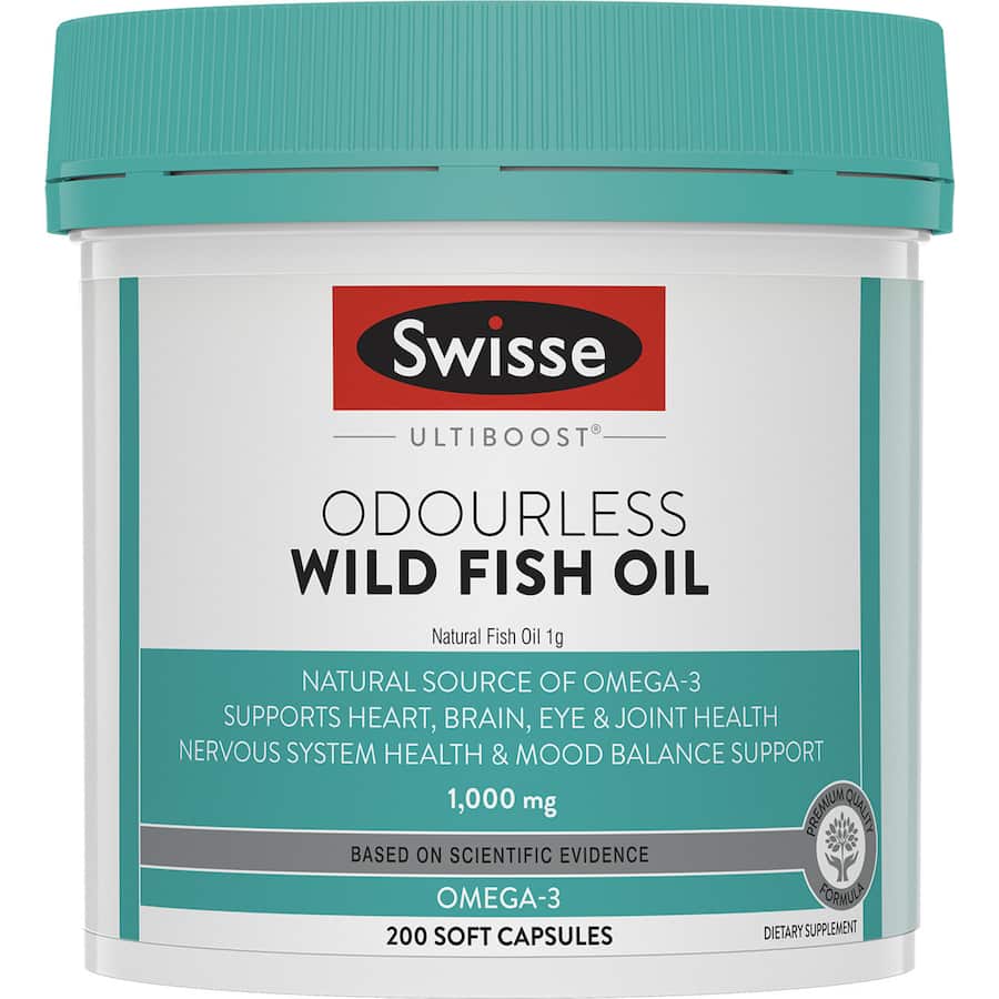 Odourless fish oil capsules highlighting omega-3 benefits for heart, brain, and joint health with no fishy aftertaste.