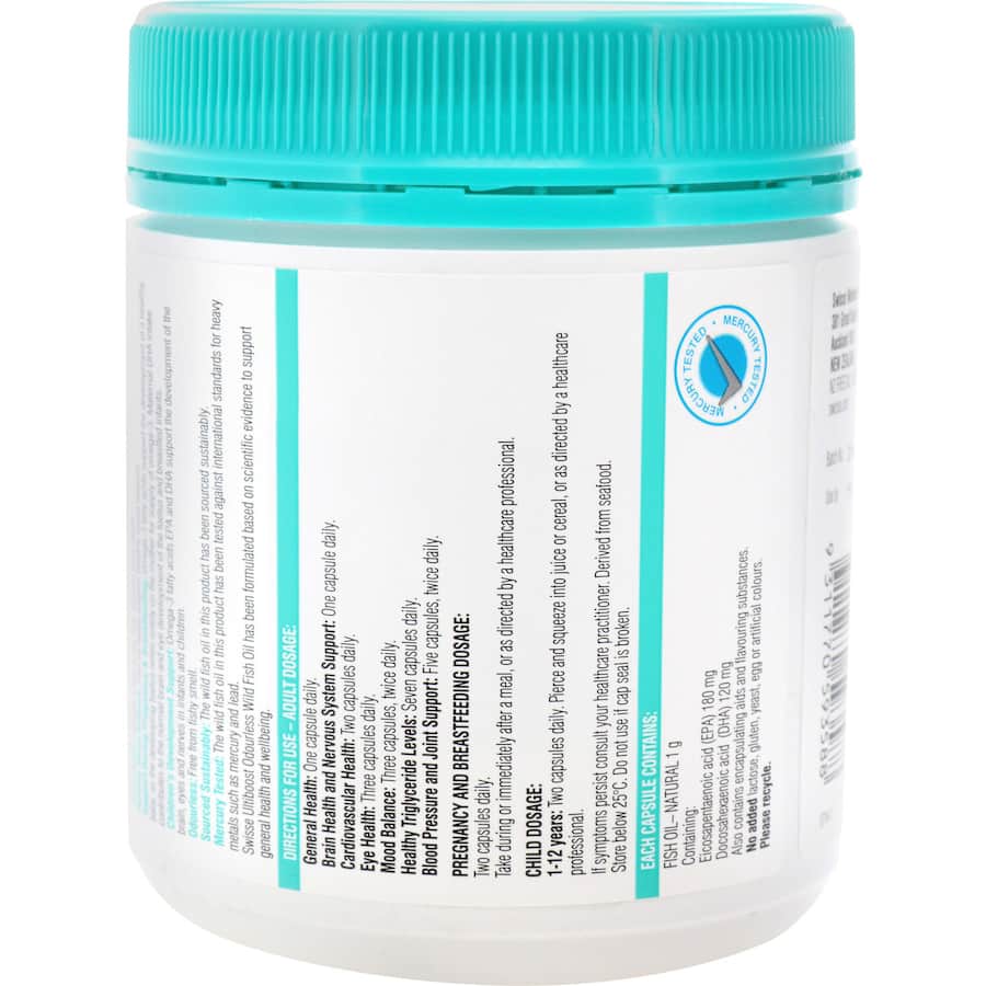 Swisse Ultiboost Fish Oil Wild Odourless, rich in omega-3 EPA and DHA, supports heart, brain, eye, and joint health without fishy taste.