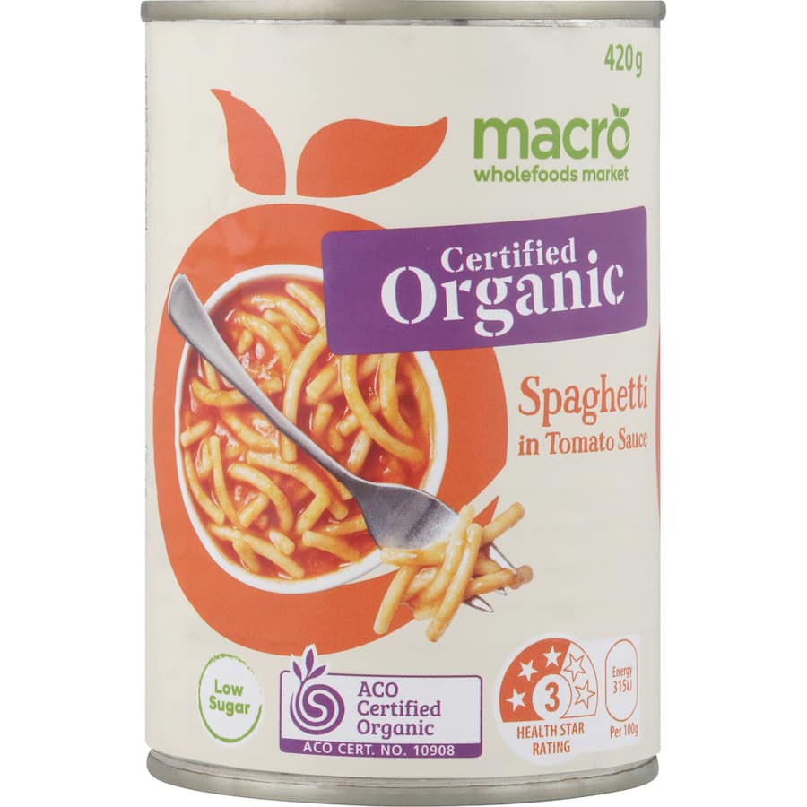 A bowl of Macro Organic Spaghetti in Tomato Sauce showcasing premium organic ingredients and rich flavor.