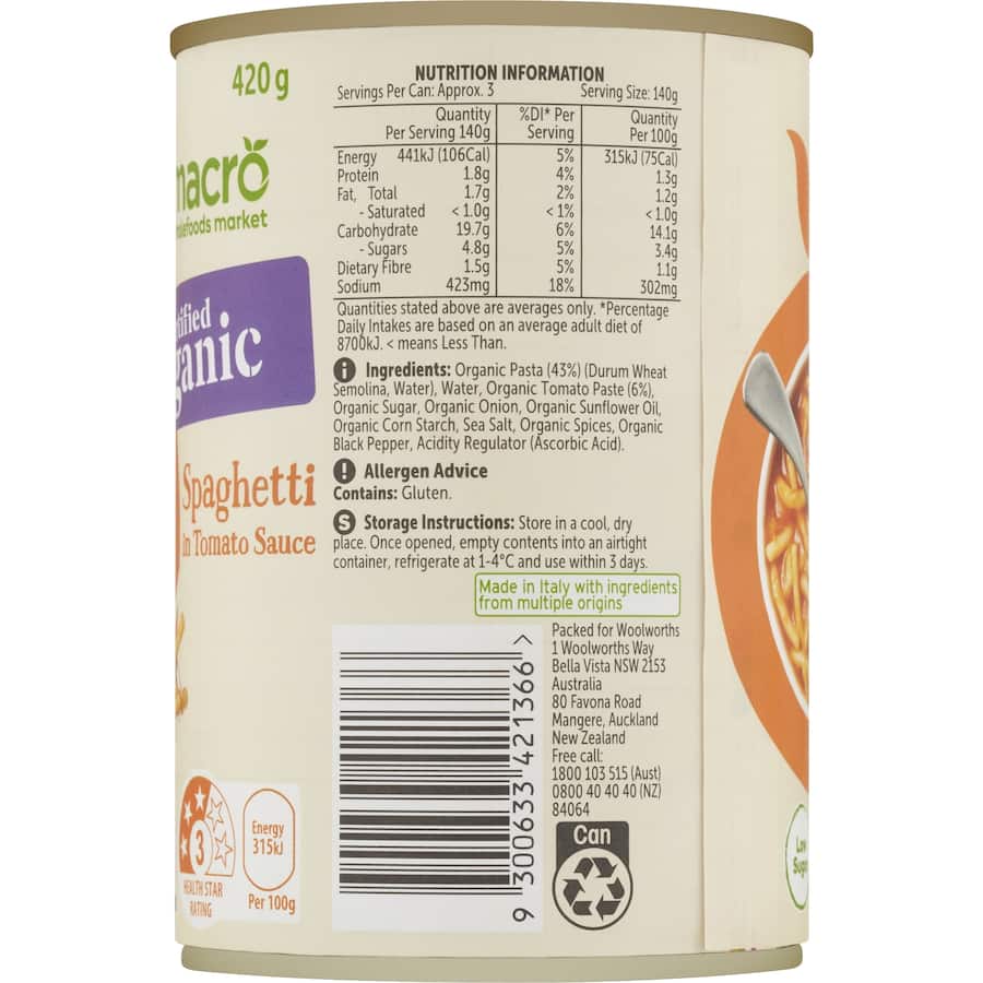 Macro Organic Spaghetti in Tomato Sauce, featuring premium organic ingredients and no artificial additives, perfect for healthy meals.