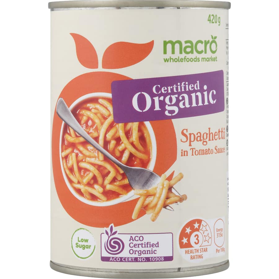 Plate of Macro Organic Spaghetti in Tomato Sauce, showcasing premium organic ingredients and a vibrant, savory sauce.