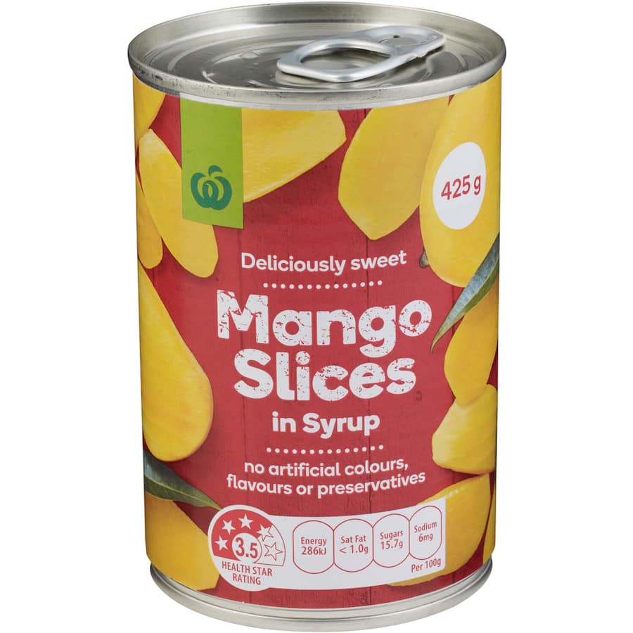 Woolworths Mango Slices in Syrup, ideal for smoothies, salads, or salsas, offering natural sweetness without additives.