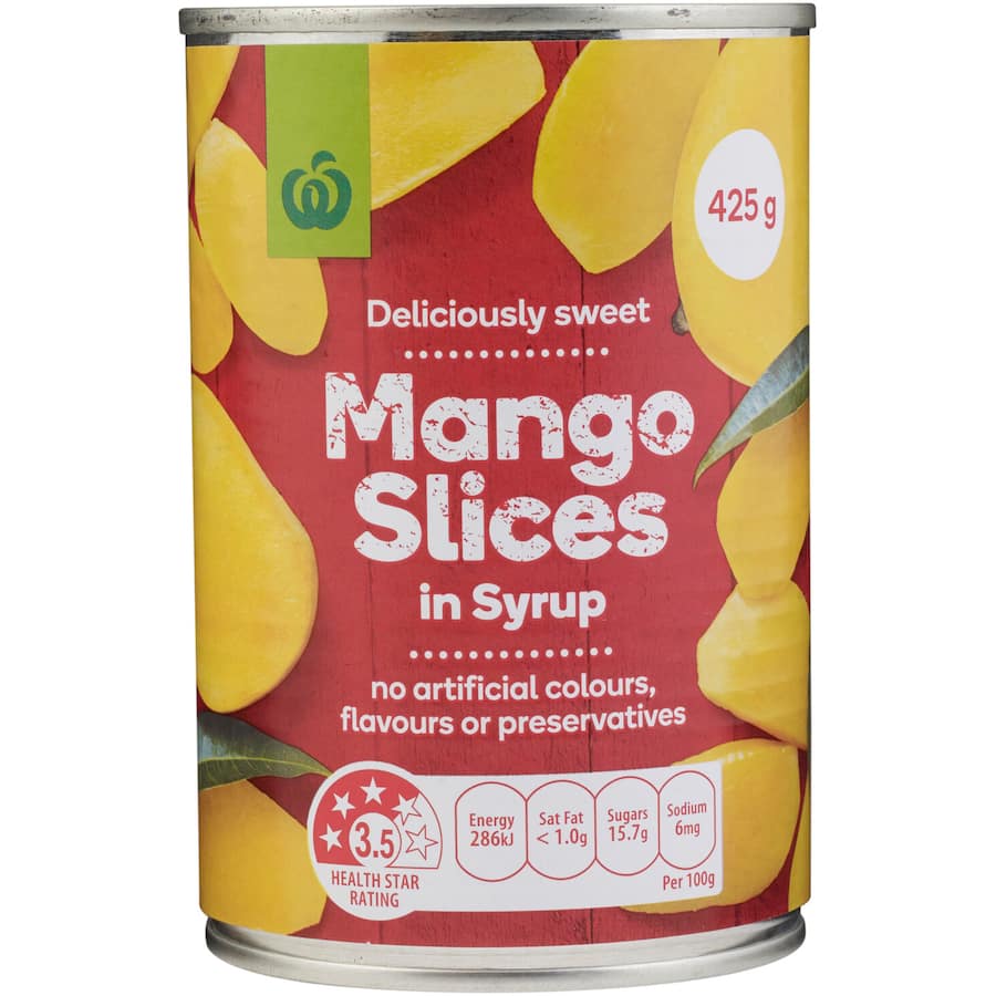Woolworths Mango Slices in Syrup, juicy mango pieces in light syrup, ideal for smoothies, salads, or desserts. No artificial additives.