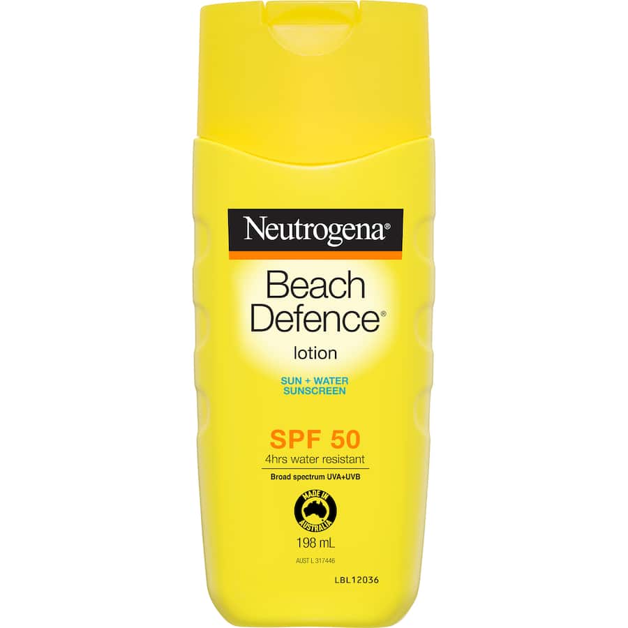 Neutrogena Beach Defense Sunscreen SPF 50+, oil-free, lightweight, offers broad-spectrum UV protection for outdoor activities.