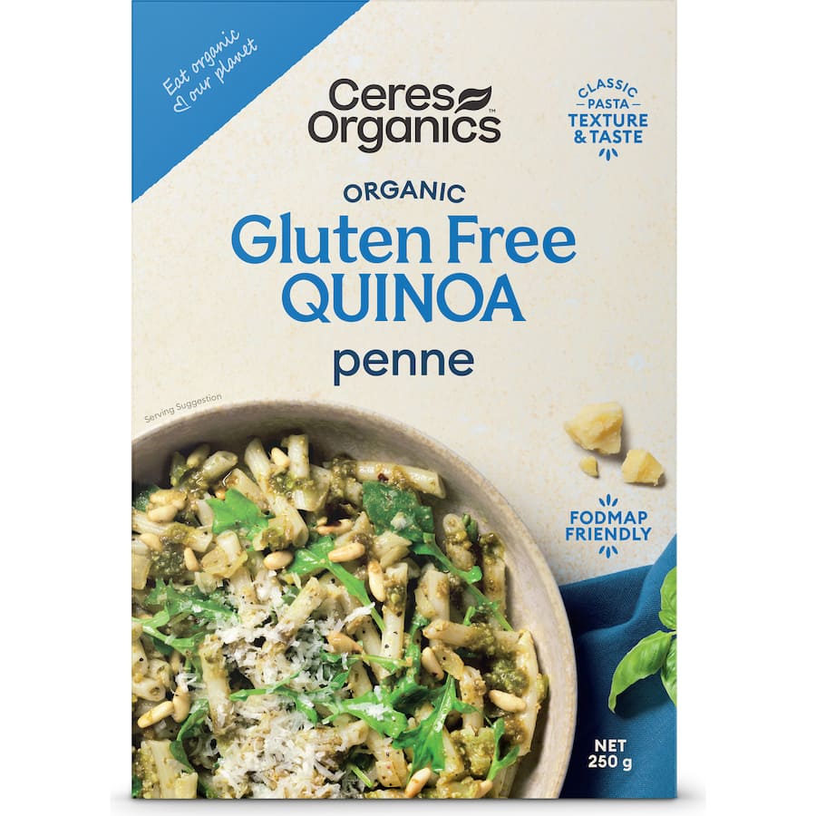 Ceres Organics Pasta Penne Quinoa, gluten-free and organic, blends rice and quinoa for a nutritious, delicious meal option.