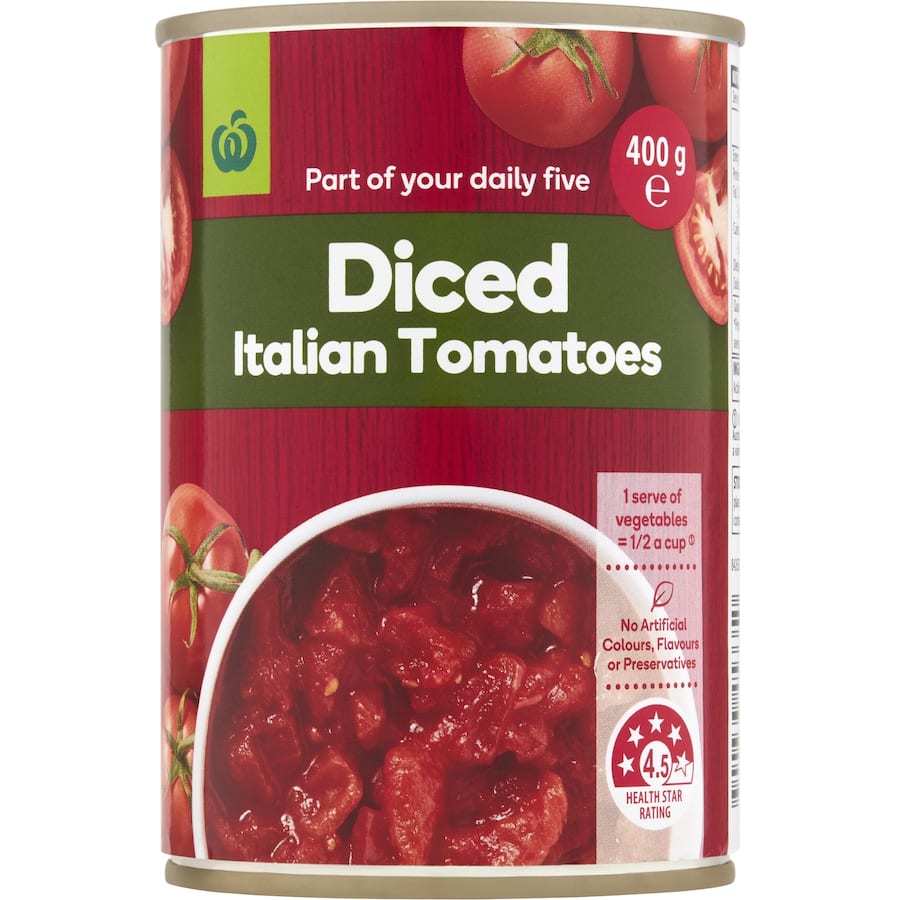 Woolworths Diced Tomatoes Italian in a can, perfect for enhancing sauces, casseroles, and soups with rich Italian flavor.