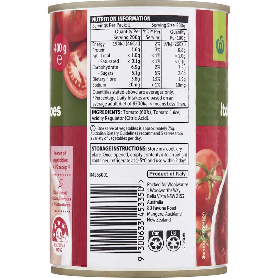 Woolworths Diced Tomatoes Italian in a 400g can, ideal for enhancing pasta sauces and casseroles with authentic flavor.