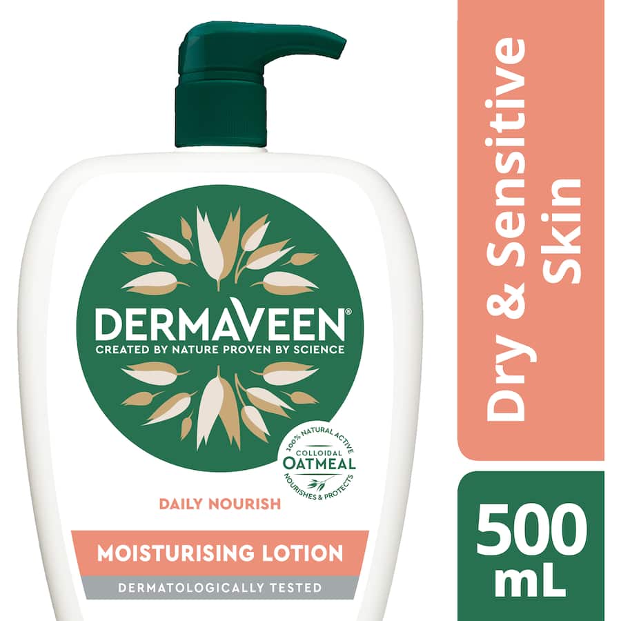 Dermaveen Moisturising Lotion bottle featuring a lightweight formula for dry, sensitive skin with oat-based hydration and protection.