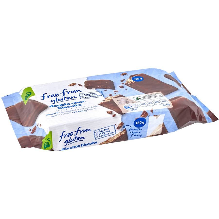 Woolworths Free From Gluten Double Chocolate Biscuits, smooth chocolate-dipped with creamy filling, perfect for guilt-free snacking.