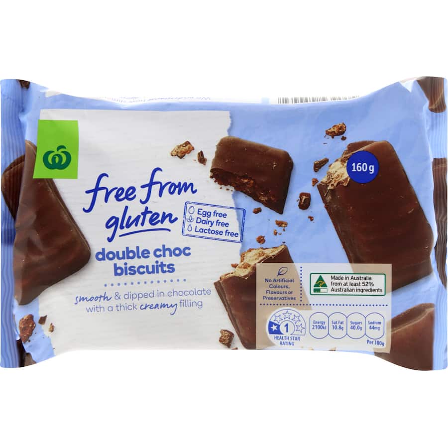Woolworths Free From Gluten Double Chocolate Biscuits, rich in flavor with creamy filling and thick chocolate coating.