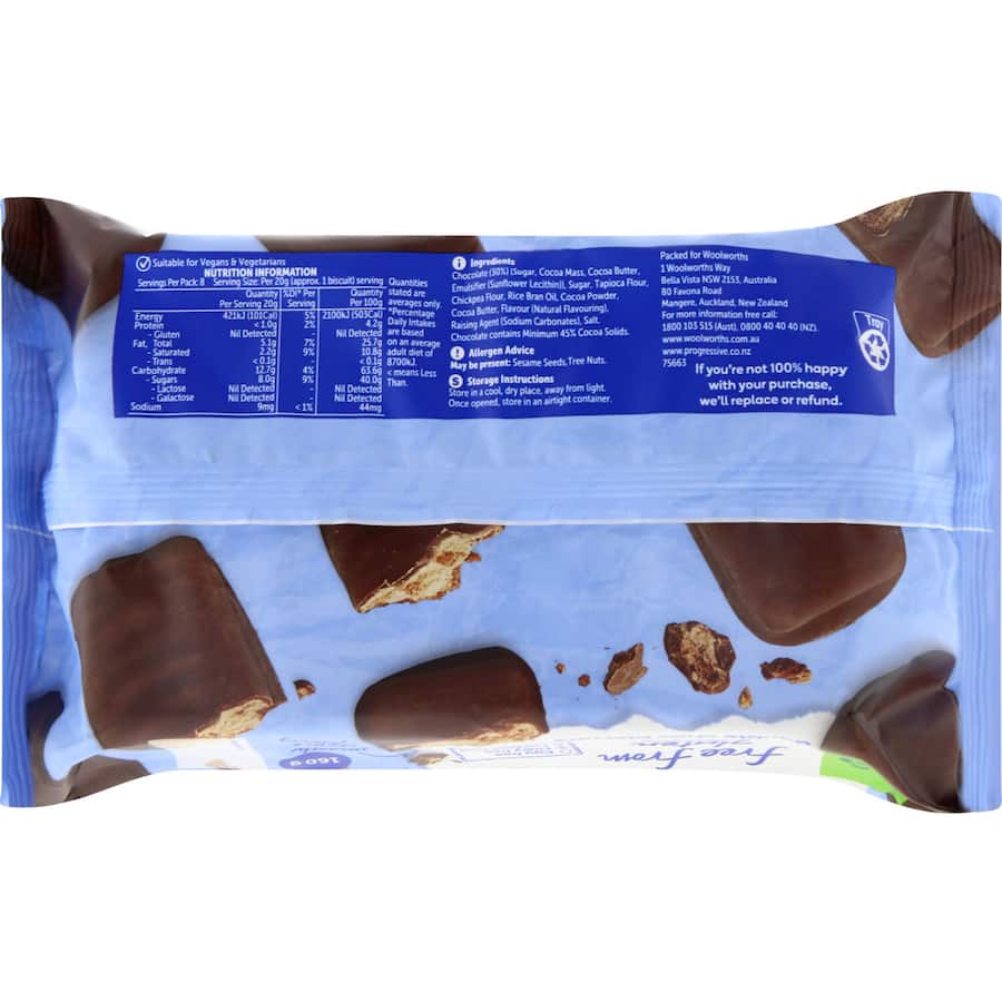 Woolworths gluten-free double chocolate biscuits, smooth chocolate coating, thick creamy filling, 160g pack.