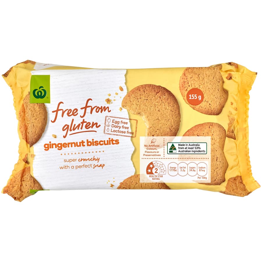 Woolworths Free From Gluten Gingernut Biscuits: Crunchy, spicy cookies ideal for gluten-free snacking and sharing.