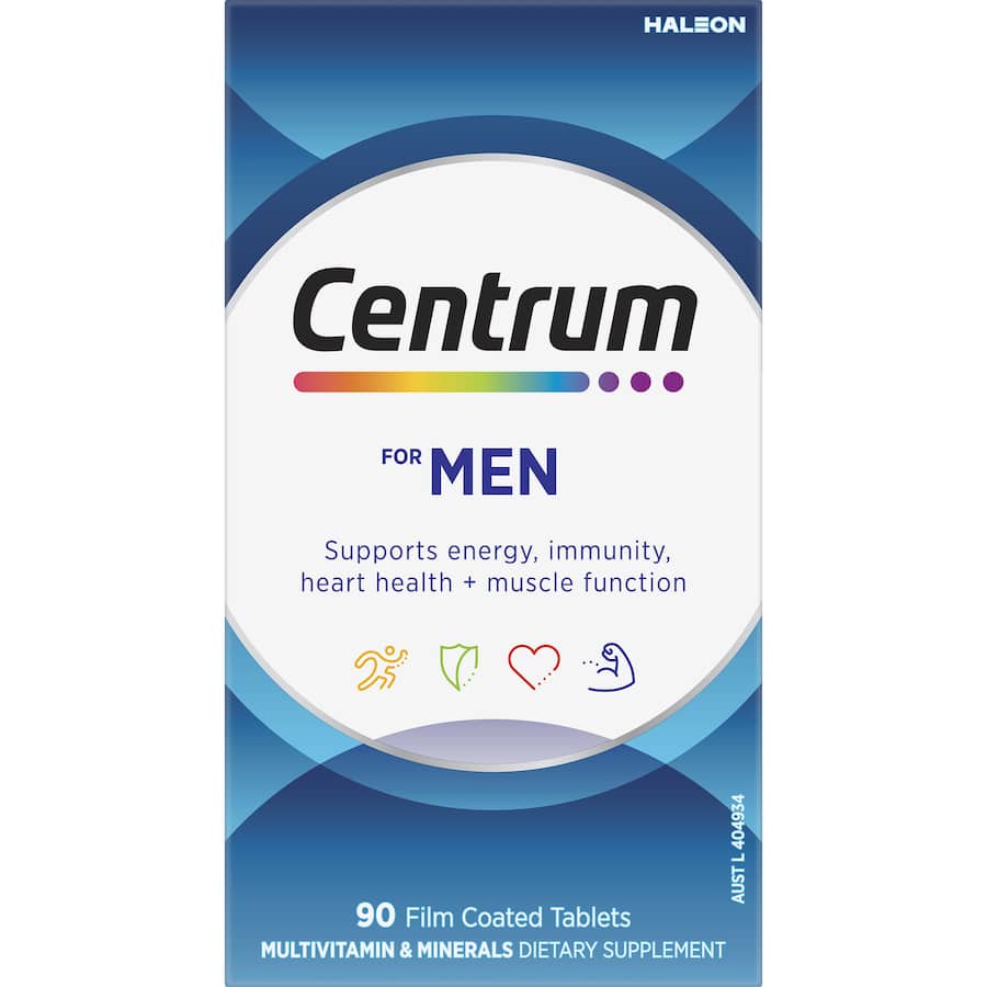 Centrum Men Daily Multivitamin, formulated for men's health, boosts energy, muscle function, and heart wellness with essential nutrients.