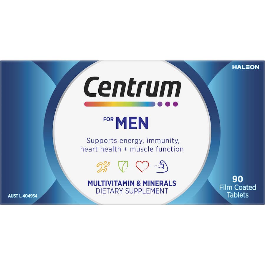 Centrum Men Daily Multivitamin Supplement bottle, promoting men's health with vitamins for energy, muscle support, and heart wellness.