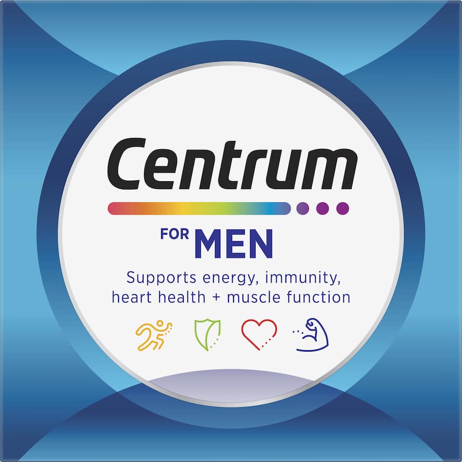 Centrum Men Daily Multivitamin: Essential vitamins and minerals supporting men's health, muscle function, energy, and immunity.