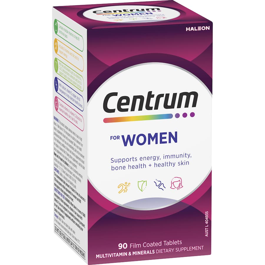 Centrum Women Daily Multivitamin: Boosts bone health, skin radiance, and energy with essential vitamins and minerals for women's wellness.