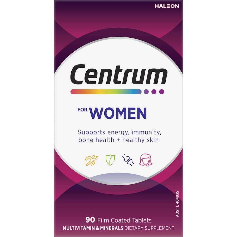 Centrum Women Daily Multivitamin Supplement, designed for women's health with nutrients for strong bones, glowing skin, and energy support.