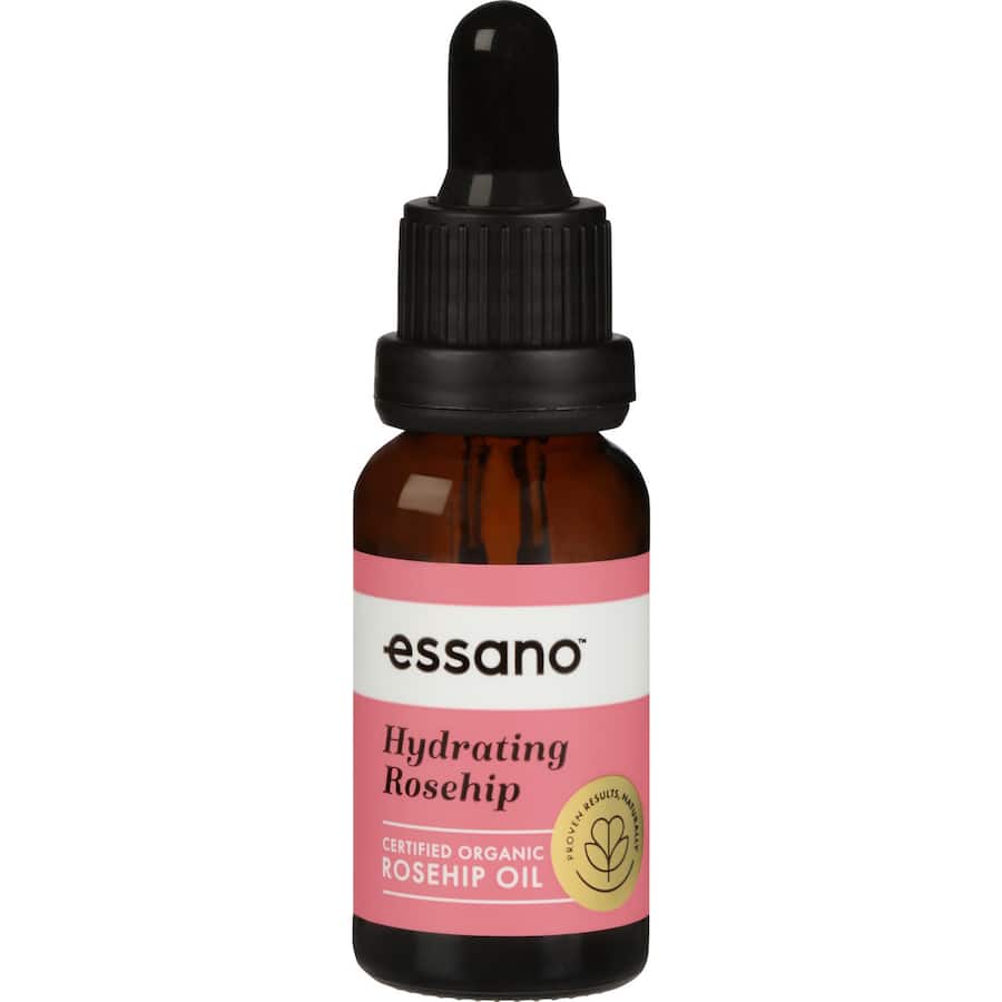 Essano Certified Organic Rosehip Oil in a dropper bottle, promoting hydration, scar reduction, and even skin tone for all skin types.