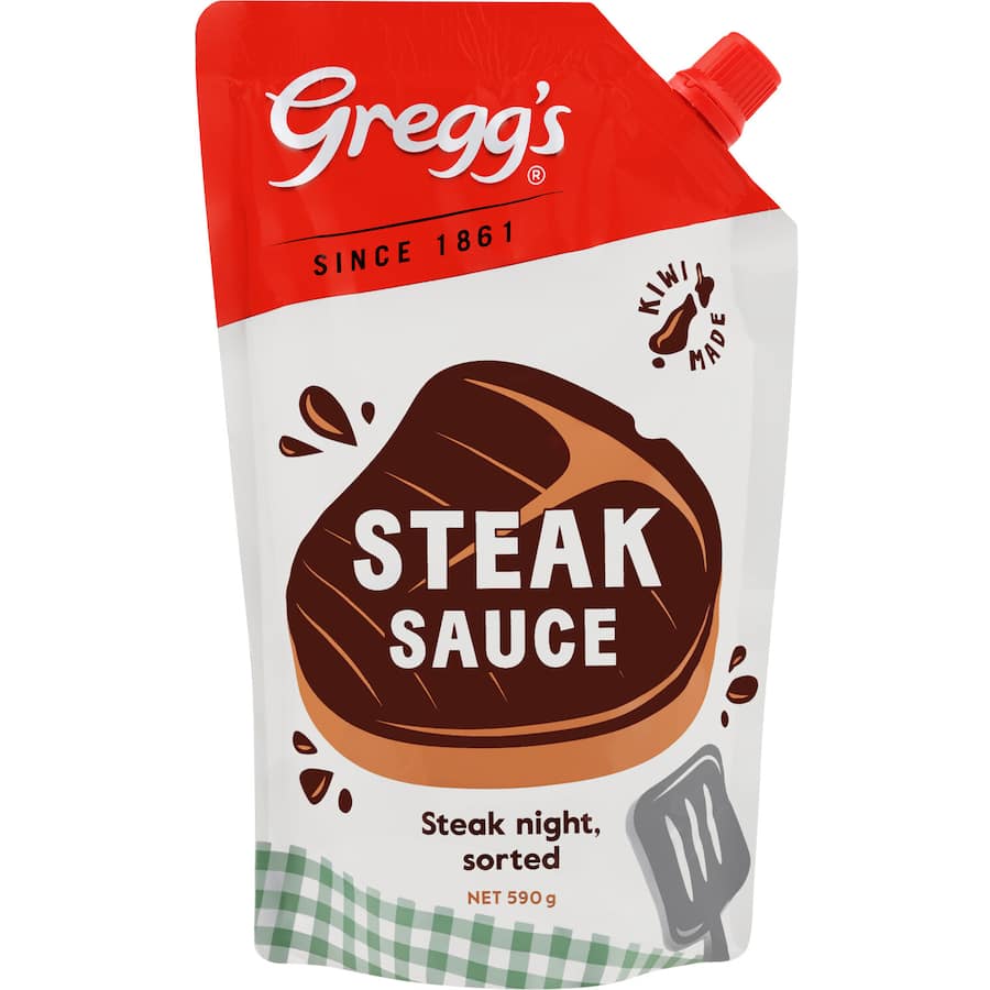 Greggs Steak Sauce bottle featuring rich, flavorful sauce perfect for enhancing steaks, burgers, and grilled vegetables.