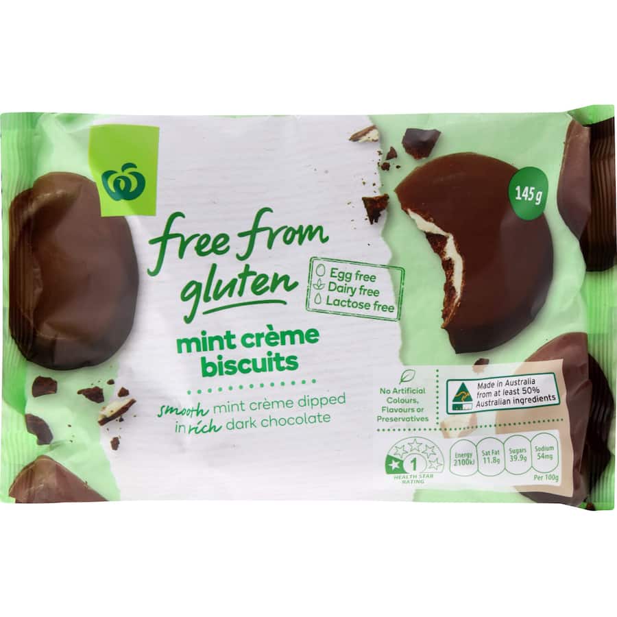 Woolworths gluten-free mint cream biscuits, 145g pack with smooth mint filling and dark chocolate coating. Perfect for snacking!