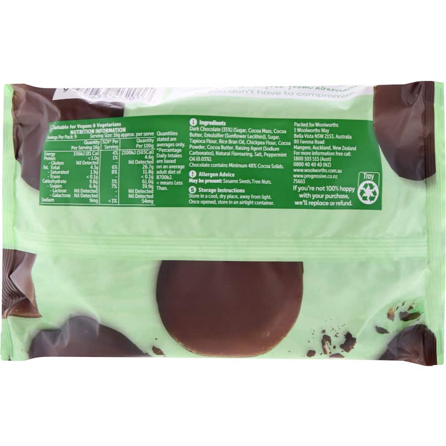 Woolworths gluten-free mint cream biscuits with dark chocolate coating, perfect for snacks or afternoon tea.