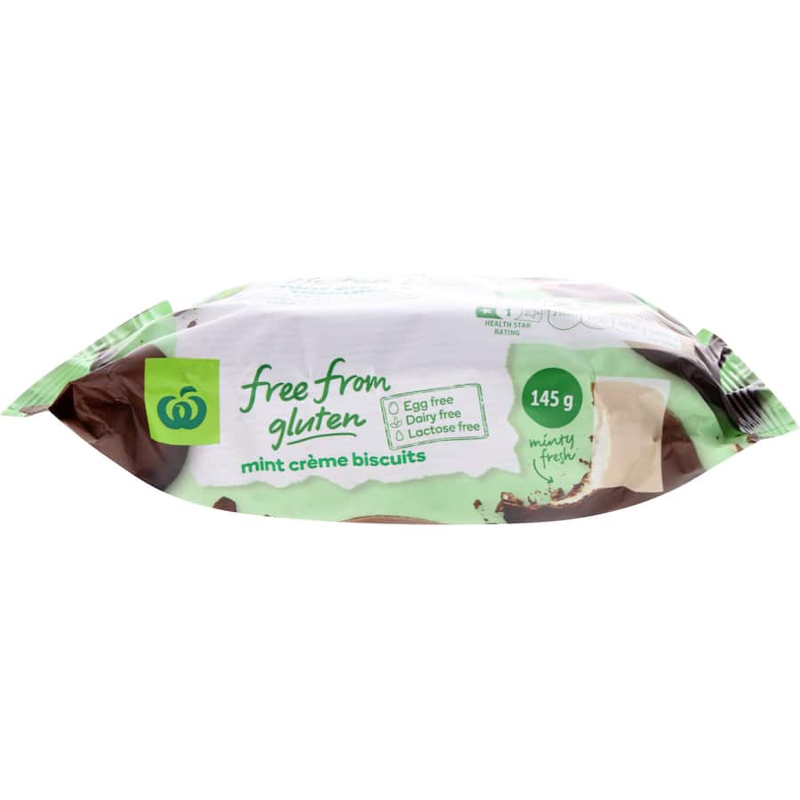 Woolworths gluten-free mint cream biscuits with dark chocolate coating, perfect for coeliacs and snack lovers.