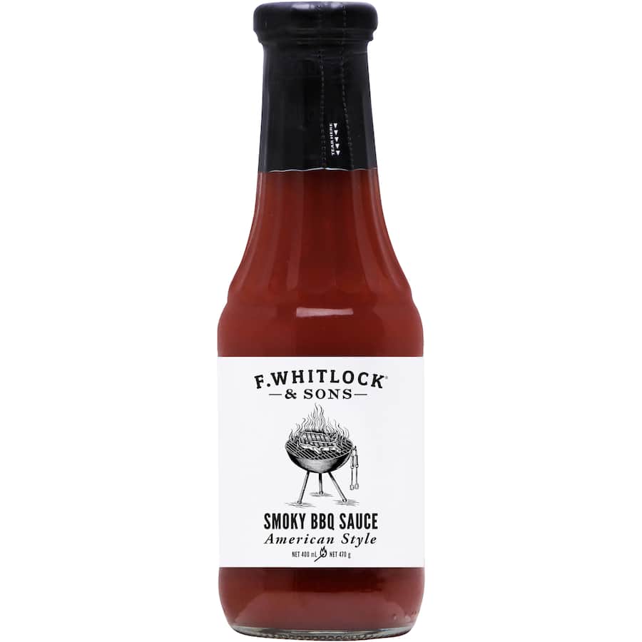 F. Whitlock & Sons Smoky BBQ Sauce bottle showcasing rich tomato and molasses blend for flavorful grilling and marinading.