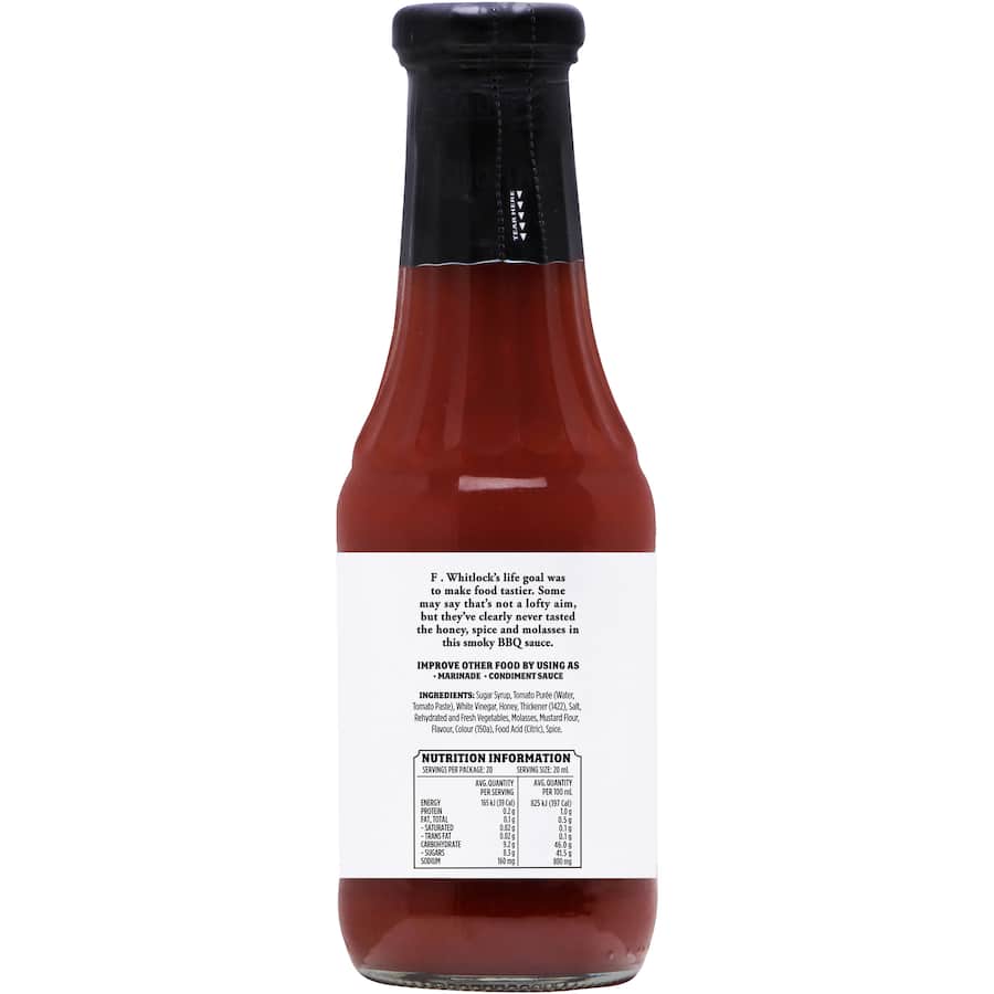 F. Whitlock & Sons Smoky BBQ Sauce bottle, showcasing its rich blend of flavors for the ultimate grilling experience.