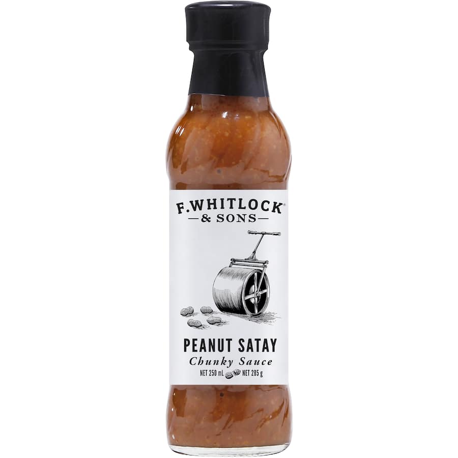 F. Whitlock & Sons Peanut Satay Chunky Sauce jar, showcasing rich peanut flavor, perfect for marinades, dips, and Asian dishes.