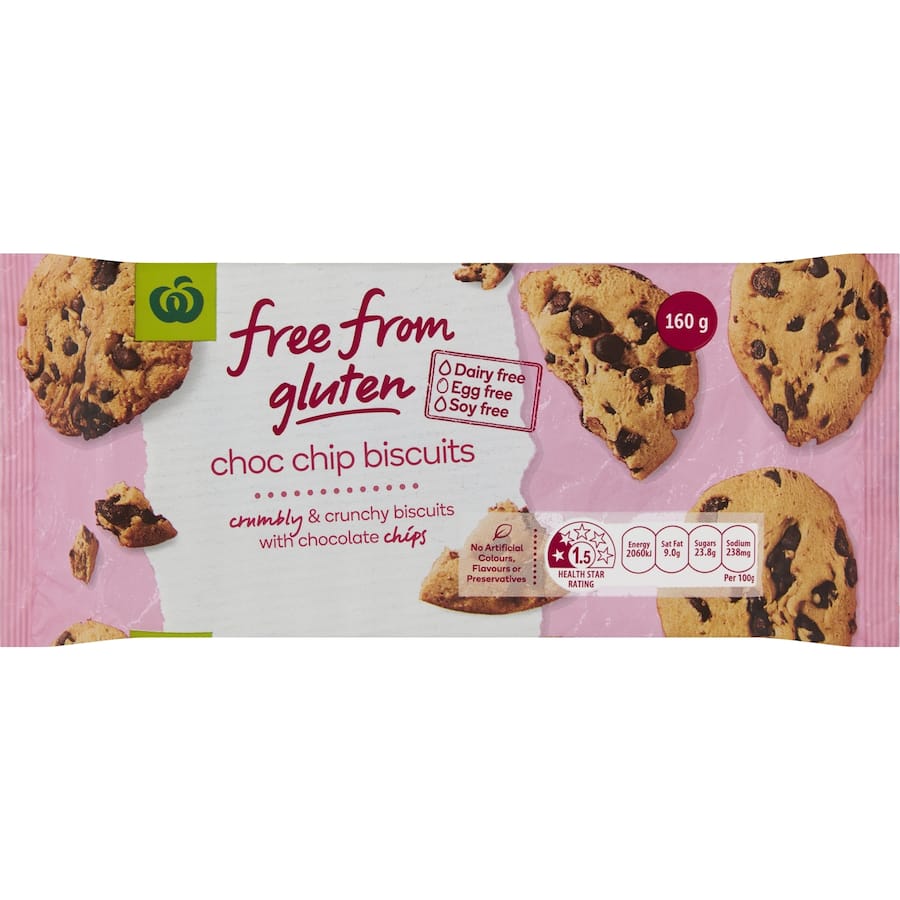 Woolworths gluten-free chocolate chip biscuits, crunchy and crumbly, perfect for guilt-free snacking.