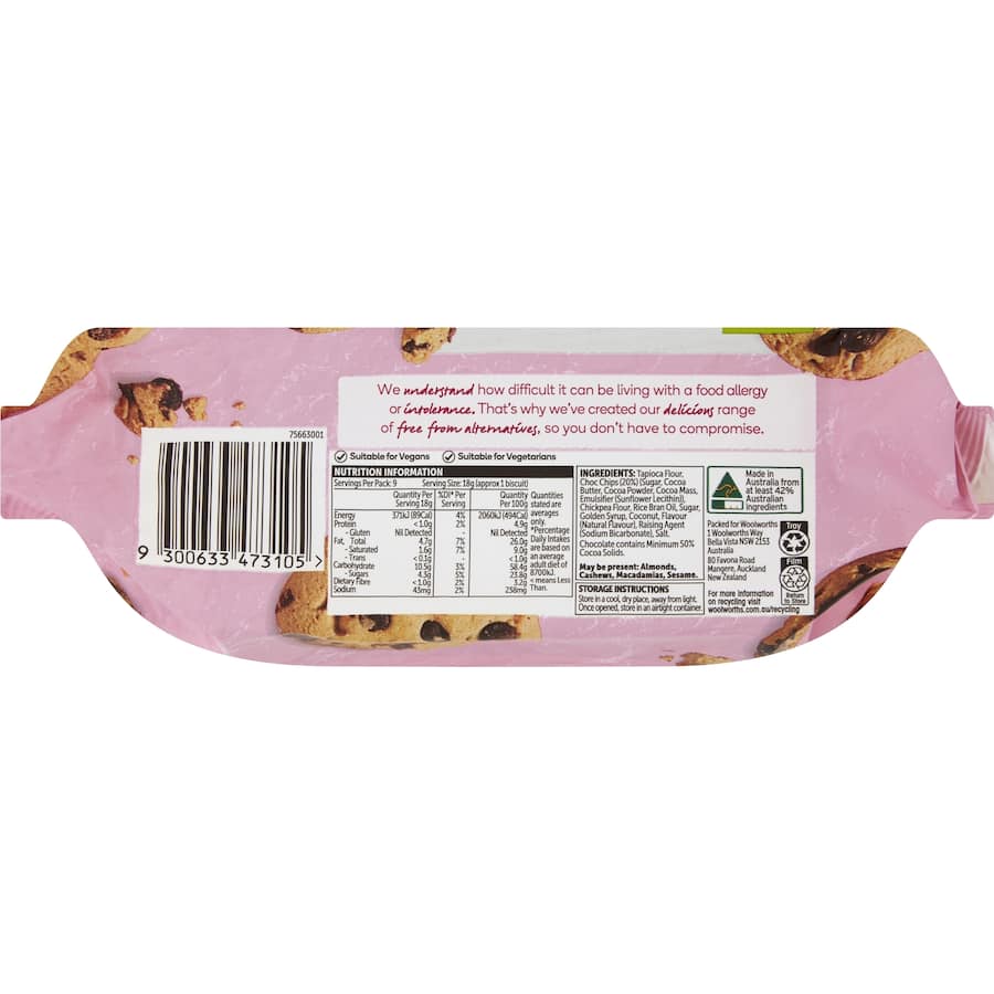 Woolworths gluten-free chocolate chip biscuits, crunchy and crumbly, perfect for sweet cravings without compromise.