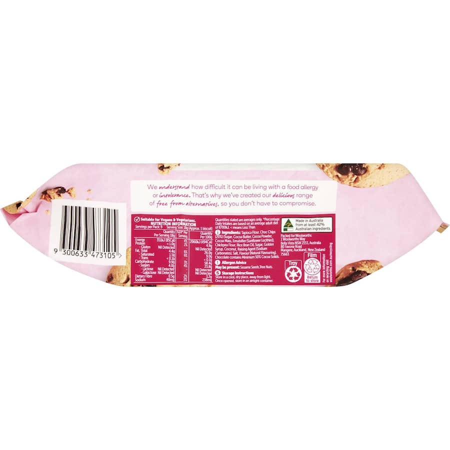 Gluten-free chocolate chip biscuits with a crumbly texture, perfect for indulgent snacking.