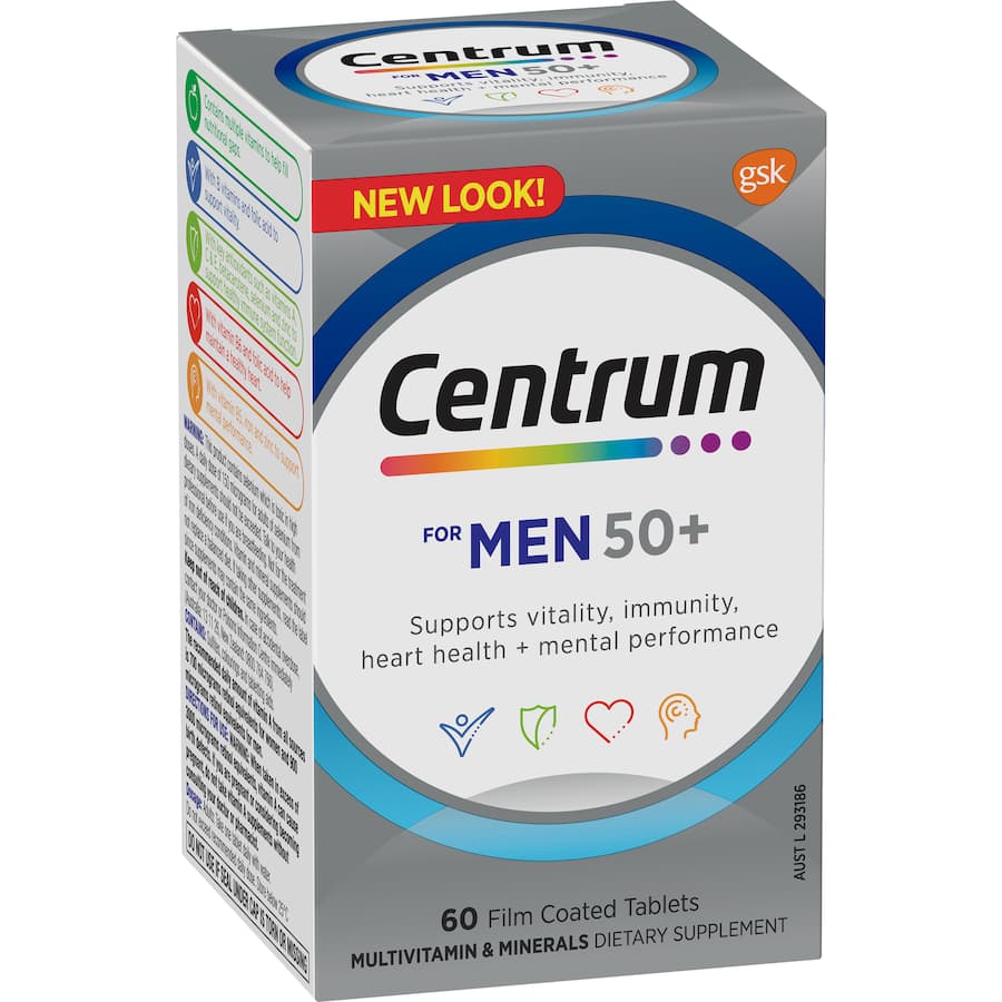 Centrum Men 50+ multivitamins for optimal heart, eye, and mental health in men over 50, packed with essential nutrients.