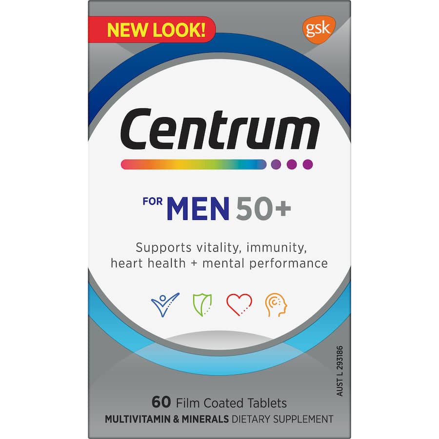 Centrum Men 50+ multivitamins support heart health, vitality, and immunity for men over 50 with essential nutrients.