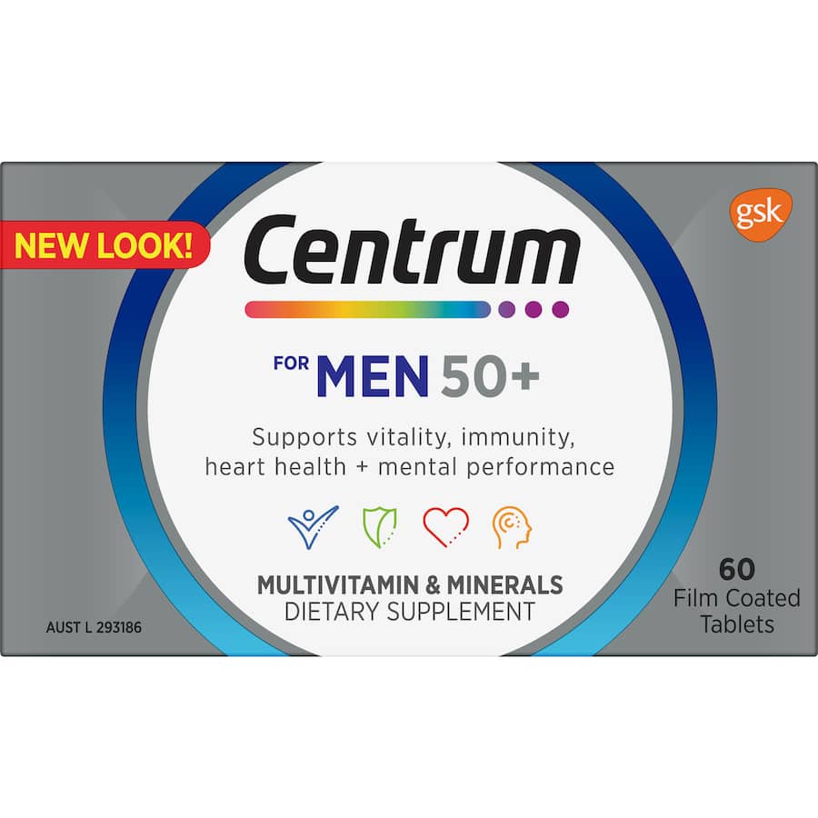 Centrum Men 50+ Multivitamin for heart health, immunity, and vitality, formulated for men over 50 with essential nutrients.