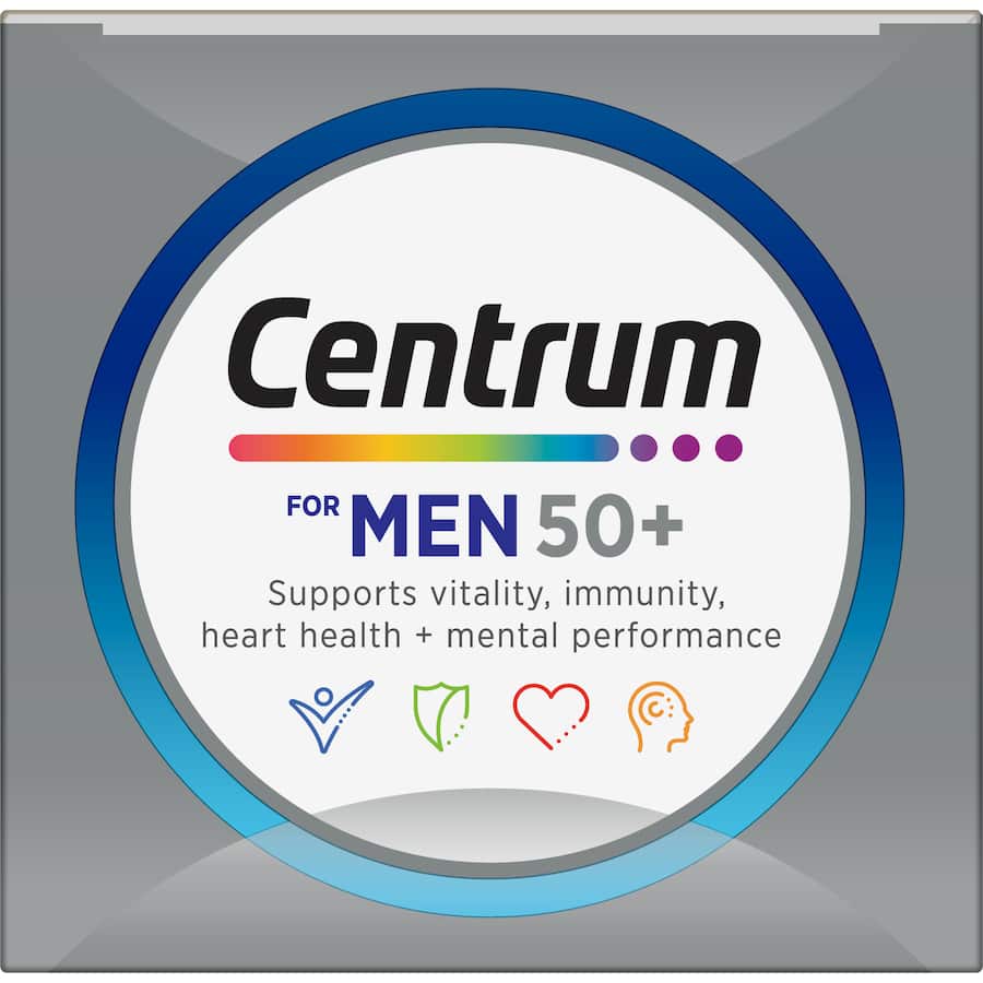 Centrum Men 50+ Daily Multivitamin: supports heart, eye health, mental performance, and vitality for men over 50.