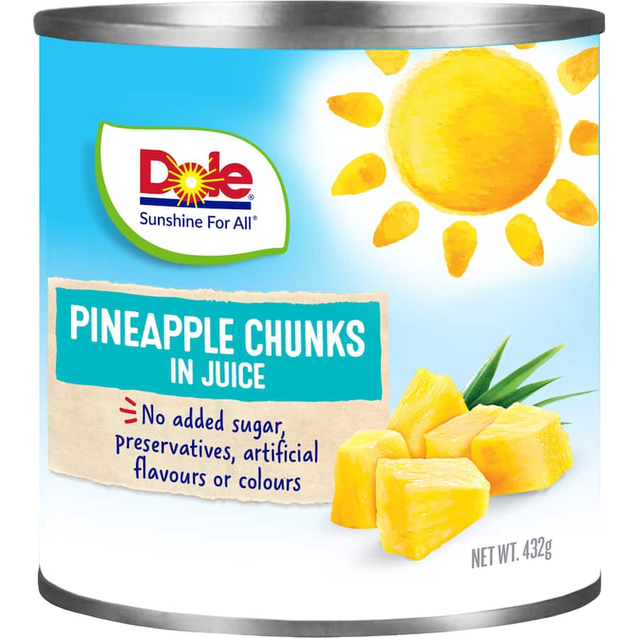 Dole Pineapple Chunks in Juice, succulent pieces packed with tropical sweetness for enhancing savory dishes and desserts.