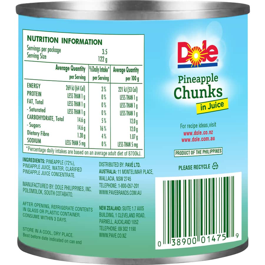 Dole Pineapple Chunks in juice, perfect for adding tropical sweetness to stir-fries, salads, and desserts.